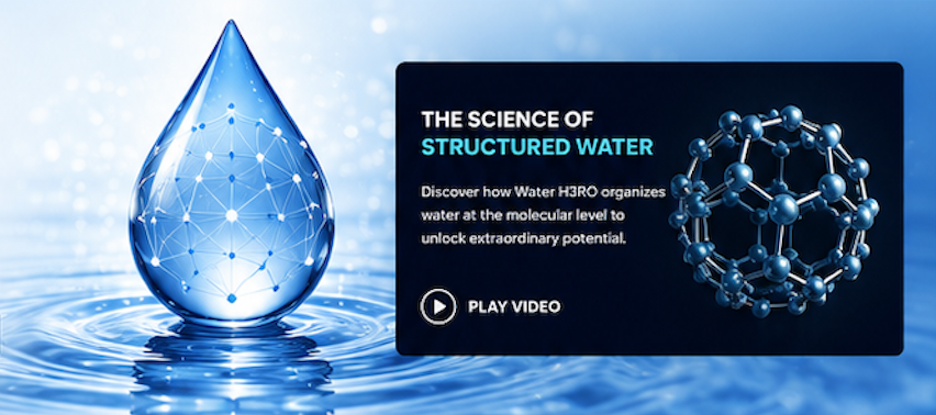 Illustration of a glowing translucent water droplet containing an interconnected molecular lattice, representing Water H3RO structured water technology